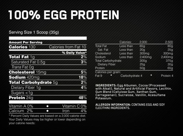 Optimum Nutrition Egg Protein Supplement Facts