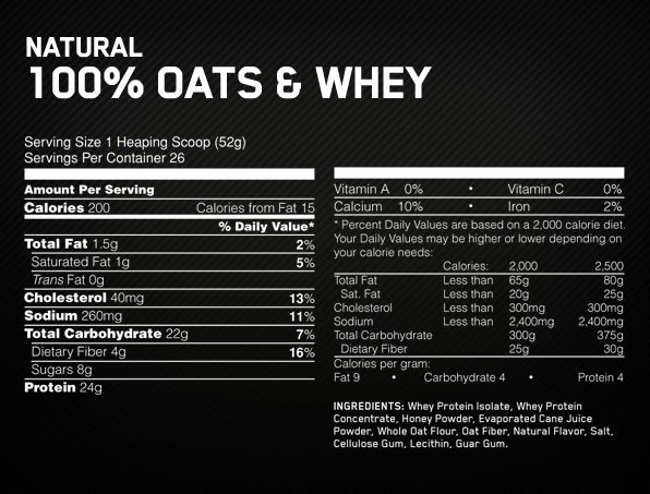 Optimum Nutrition Oats and Whey Supplement Facts