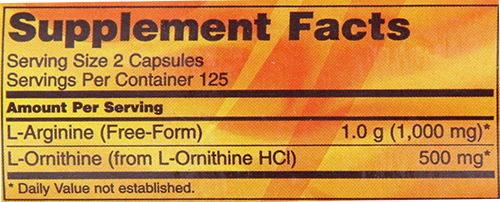 NOW Arginine & Ornithine - Caps Supplement Facts