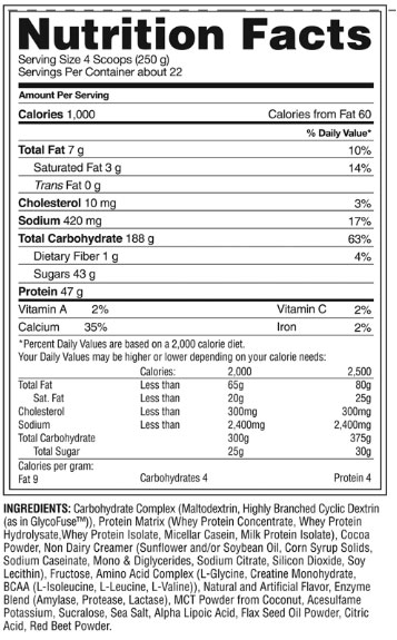 Real Mass Advanced Nutrition Facts