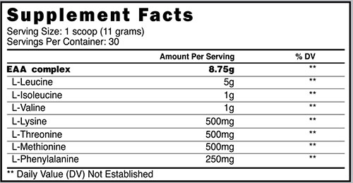 Prime Nutrition EAAs Supplement Facts Image