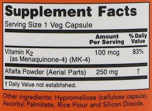 NOW Vitamin K2 Supplement Facts