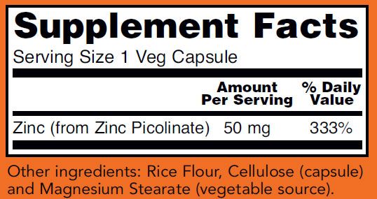 NOW Zinc Picolinate Supplement Facts