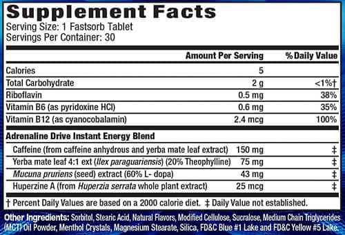 MHP Adrenaline Drive Supplement Facts Image