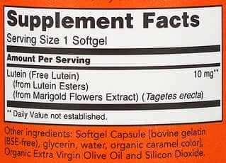 NOW Lutein Supplement Facts