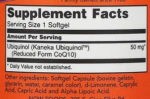 NOW Ubiquinol CoQH-CF Supplement Facts