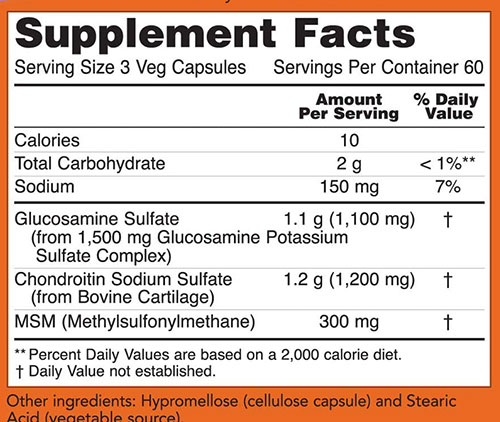 NOW Glucosamine and Chondroitin with MSM Supplement Facts Image