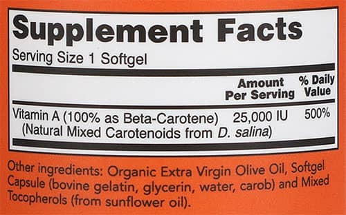 NOW Beta Carotene Supplement Facts