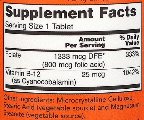 NOW Folic Acid Supplement Facts