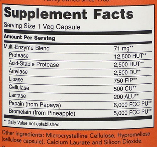 NOW Plant Enzymes Supplement Facts