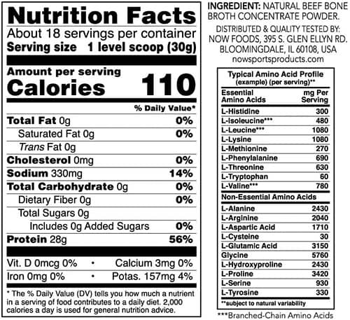 NOW Beef Bone Broth Supplement Facts