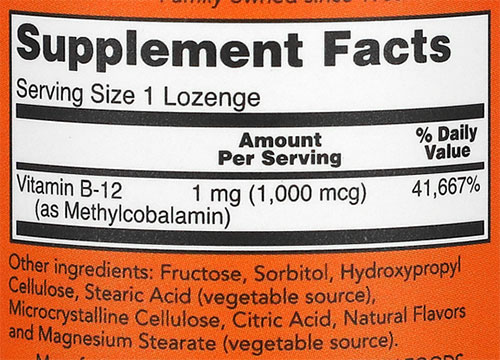 NOW Methyl B-12 Supplement Facts Image