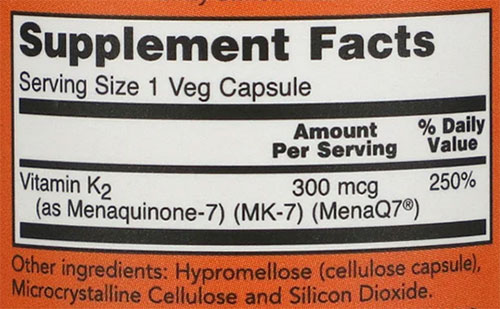 NOW MK-7 Vitamin K-2 Supplement Facts