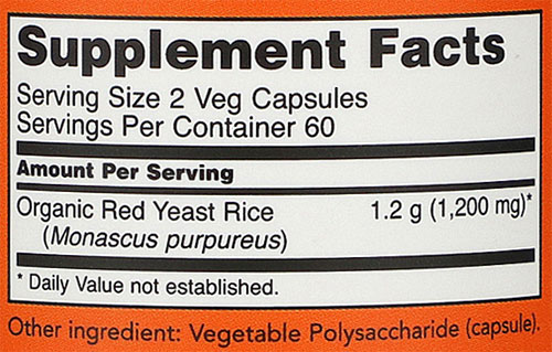 NOW Red Yeast Rice Supplement Facts