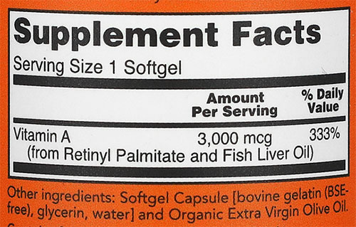 NOW Vitamin A Supplement Facts