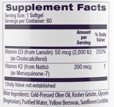 Healthy Origins Vitamin D3 & K2 Supplement Facts