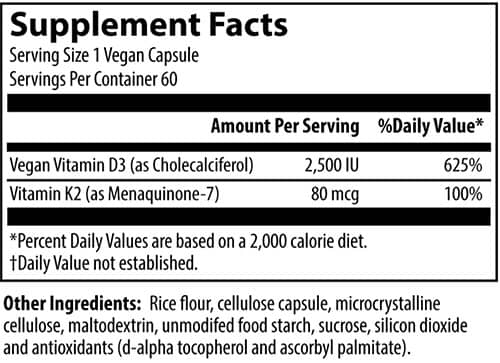 MRM Vegan Vitamin D3 + K2 Supplement Facts