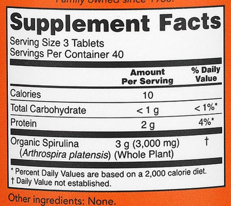 NOW Spirulina Supplement Facts