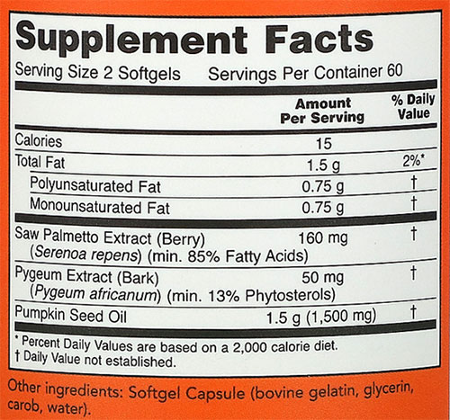 NOW Pygeum and Saw Palmetto Supplement Facts