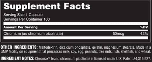 Universal Nutrition Chromium Picolinate Supplement Facts