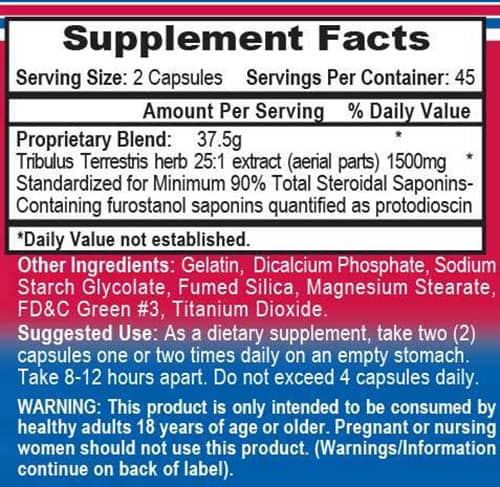 APS Tribulus 1500 Supplement Facts Image