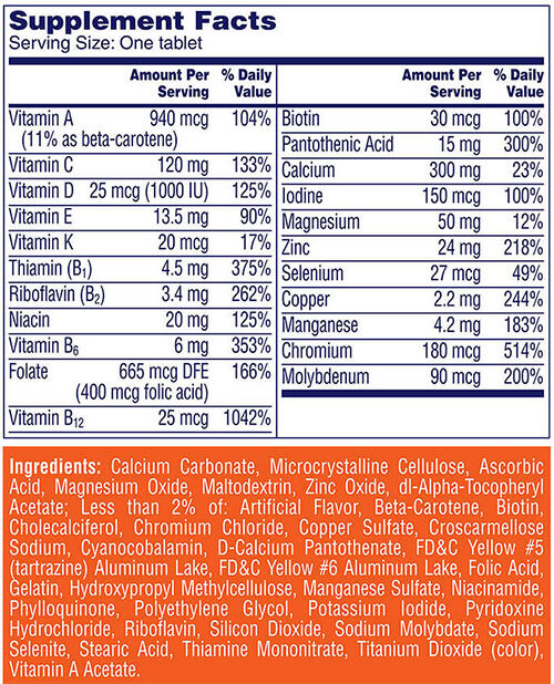 One A Day Women's 50+ MultiVitamin - 300 Tablets Supplement Facts