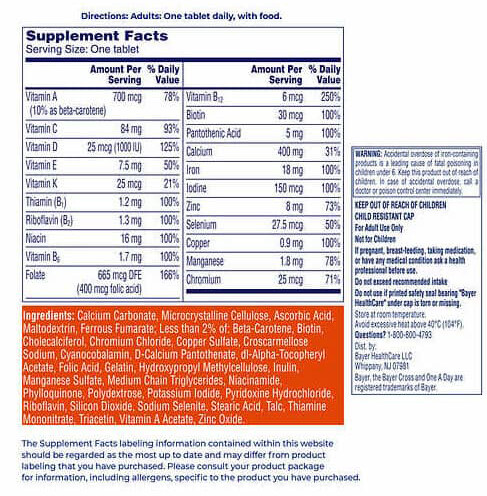 One A Day Women's MultiVitamin Supplement Facts