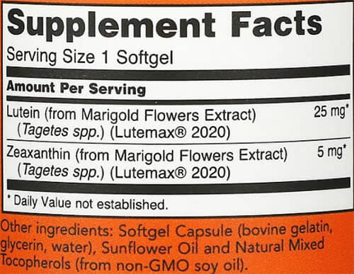 NOW Foods Lutein and Zeaxanthin Supplement Facts