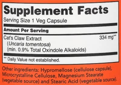 NOW Cat's Claw Extract Supplement Facts
