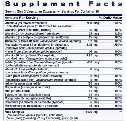 Life Extension Plant Based MultiVitamin Supplement Facts