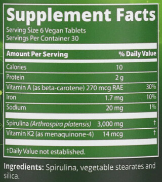 MRM Spirulina Supplement Facts