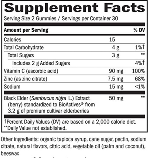 Natures Way Sambucus Standardized Elderberry Gummies Supplement Facts