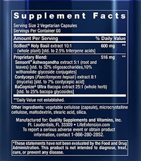 Life Extension Adrenal Energy Supplement Facts Image