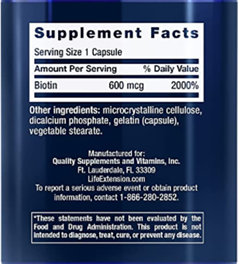 Life Extension Biotin Supplement Facts Image