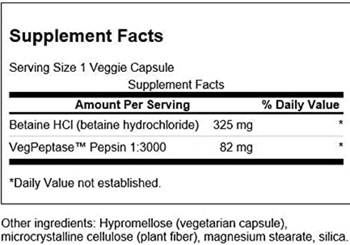 Swanson Betaine HCL Hydrochloric Acid Supplement Facts Image