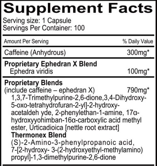 BNE EPH 100 Supplement Facts Image