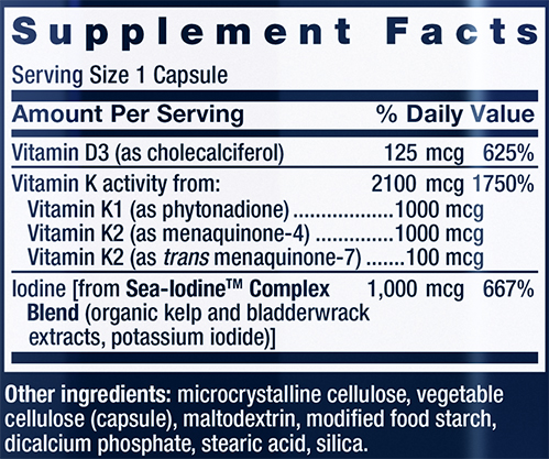 Life Extension Vitamins D and K with Sea Iodine Supplement Facts Image
