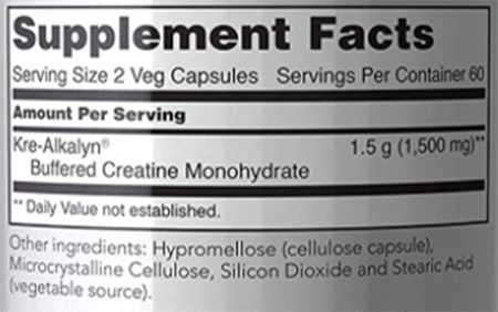 NOW Foods Kre-Alkalyn Creatine Veg Capsules Supplement Facts Image