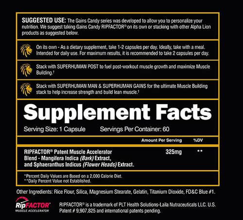 Gains Candy RipFactor Supplement Facts Image