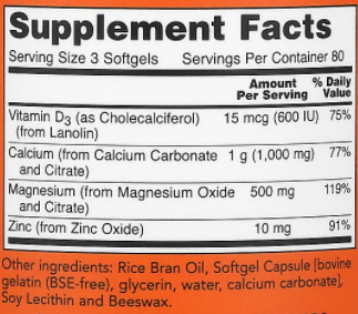 NOW Calcium & Magnesium Softgels Supplement Facts Image