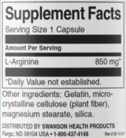 Swanson L-Arginine Supplement Facts Image