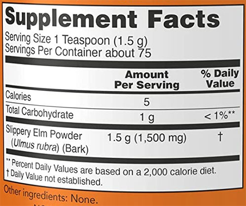 NOW Slippery Elm Powder Supplement Facts Image