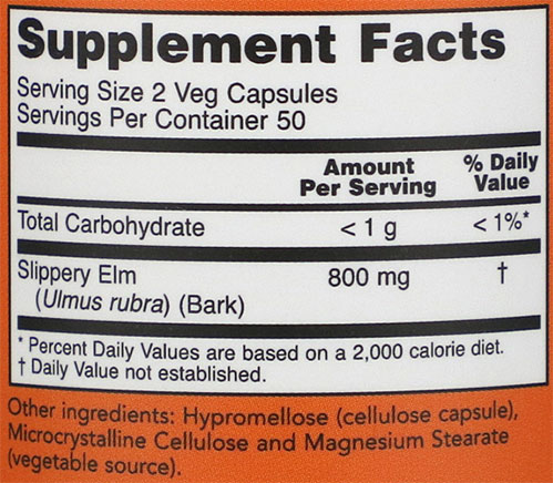 NOW Slippery Elm Capsules Supplement Facts Image