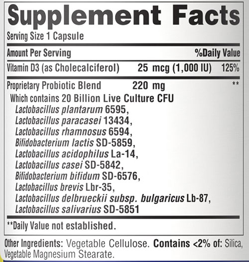 Puritan's Pride Probiotic with Vitamin D Supplement Facts Image