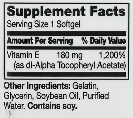 21st Century Vitamin E-400 Supplement Facts Image