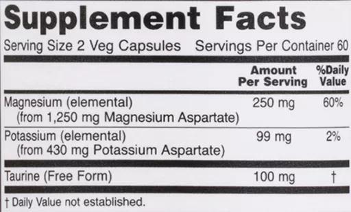 NOW Magnesium and Potassium Aspartate Supplement Facts Image