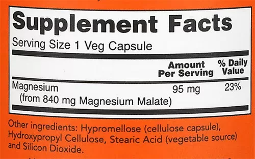 NOW Magnesium Malate Veg Caps Supplement Facts Image