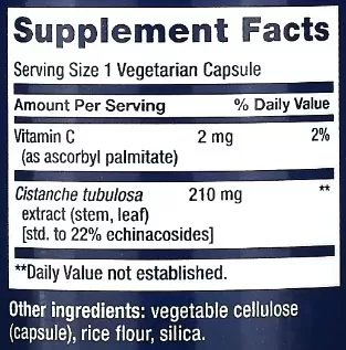 Life Extension Standardized Cistanche Supplement Facts Image