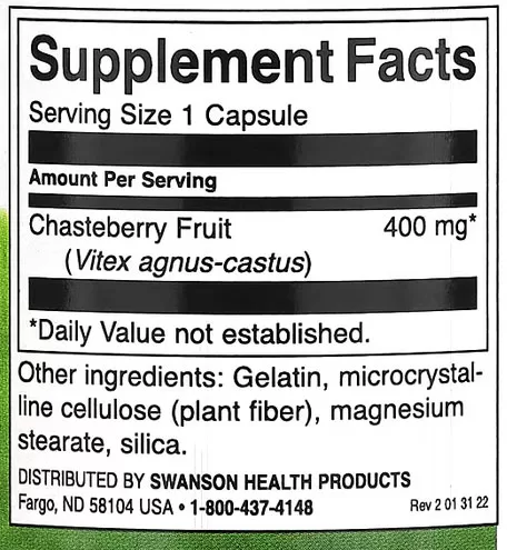 Swanson Full Spectrum Chasteberry Fruit Supplement Facts Image
