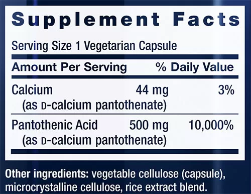 Life Extension Pantothenic Acid Supplement Facts Image